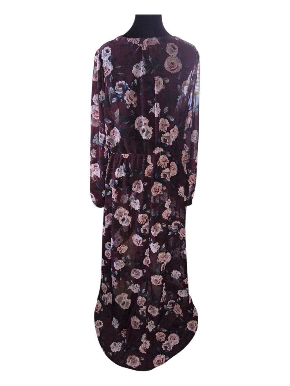 Plus Sheer Burgundy Chiffon Floral Maxi High-Low Fall Floral Dress 0X - Picture 11 of 13